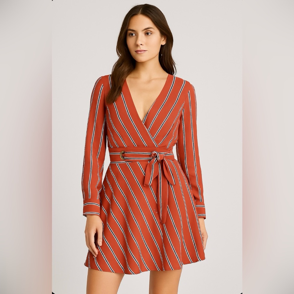 Anthropologie X Hutch Orange Strips  Long Sleeve Mini  Tie Waist Wrap‎ Dress S